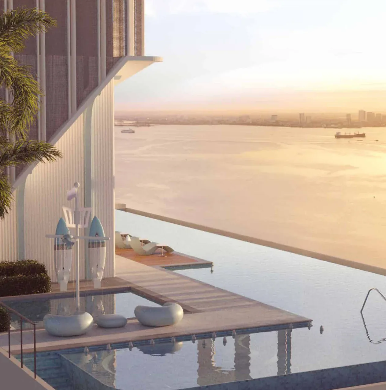 Artist's impression of the sky infinity pool at sunset, looking over the strait